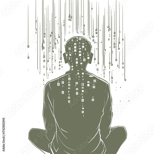 vector illustration in modern style of hacker surrounded by glowing data streams