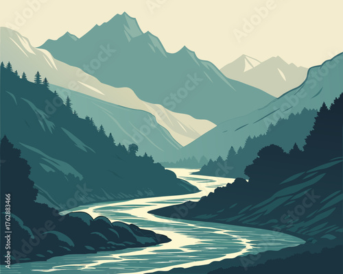Tranquil river winding through a mountain valley with dense forest around it