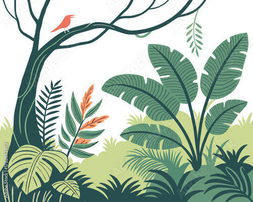 Tranquil jungle scene with bird on branch and lush tropical vegetation