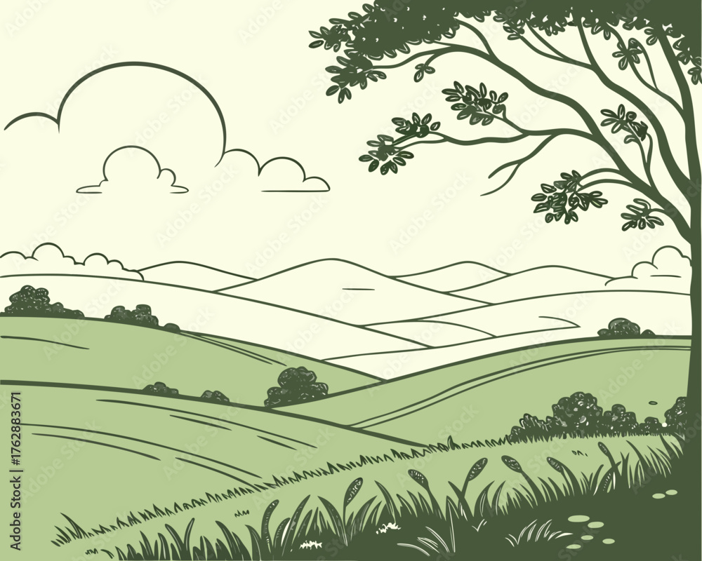 Obraz premium Scenic countryside landscape illustration with rolling hills and a large tree