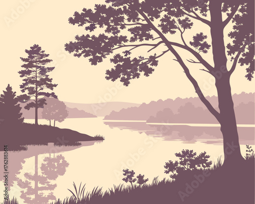 Serene lakeside landscape with trees and reflections at dusk, peaceful scene