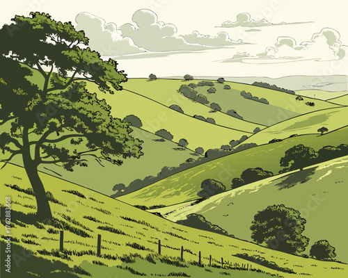 Rolling green hills with a solitary tree and cloudy sky in the distance