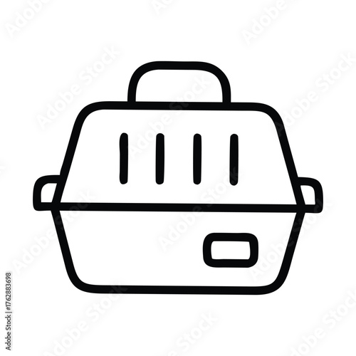 A pet carrier icon in black outline with a handle slots and a door