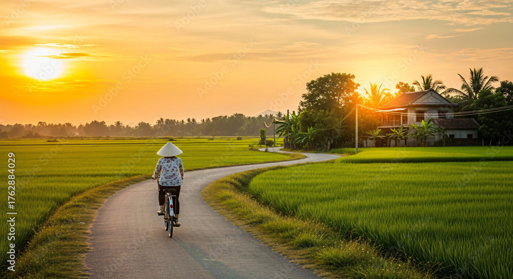 Obraz premium Woman Cycling Through Rice Fields at Sunset Rural Scenery