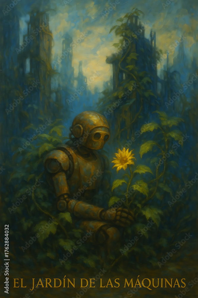 Fototapeta premium Robot observing a sunflower in natural forest environment