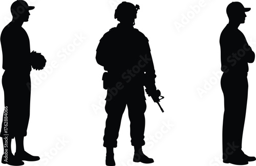 Silhouette of soldier and civilians standing together, teamwork, defense, military concept illustration, security and protection vector design on white background
