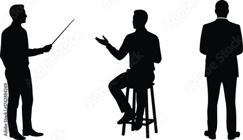 Businessmen silhouette in different poses, standing and sitting, teamwork discussion concept, corporate communication illustration, vector business people 