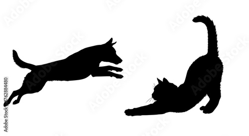 Dog jumping towards cat silhouette, Pets playing together, Cat stretching and dog jumping