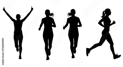 Female runners in various poses, Running and winning moment, Marathon training