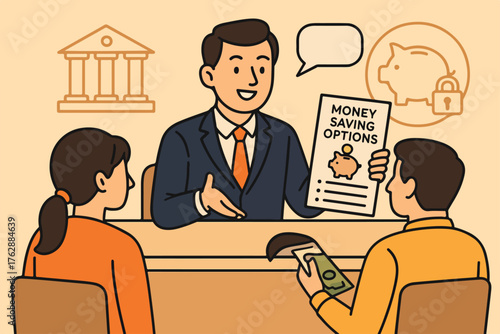 Financial advisor consulting clients discussing savings options