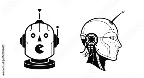 Outline robot heads illustration, Retro and modern cyborg concepts, AI technology vector
