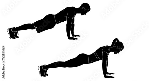 Push-up exercise silhouettes, Man and woman doing plank, Fitness workout stance