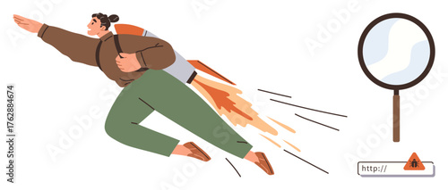 Person with a rocket backpack flying energetically, symbolizing motivation, with a magnifying glass inspecting a warning next to a URL bar. Ideal for progress, caution, analysis, goals, innovation