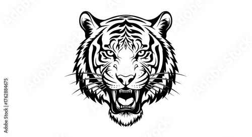 Roaring tiger head tattoo design, Angry tiger face illustration, Wild cat vector