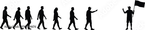 Silhouette of tour guide leading walking group with flag, travel people vector illustration, tourism leadership and teamwork concept design