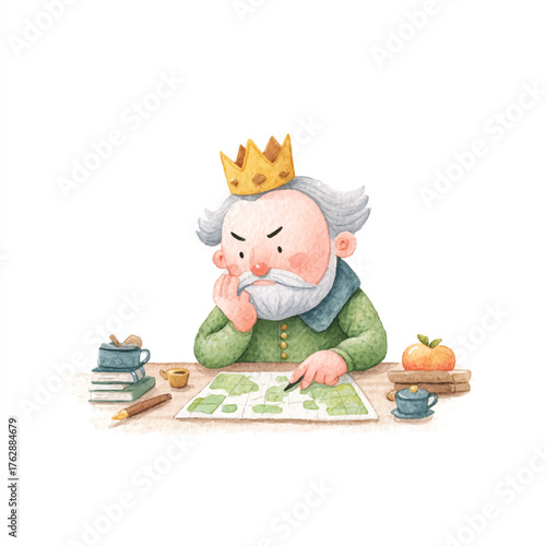 Wise Old King with Crown Planning His Next Move.
