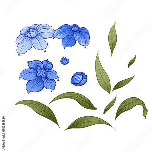 ilustration blue flower with leaf greend set