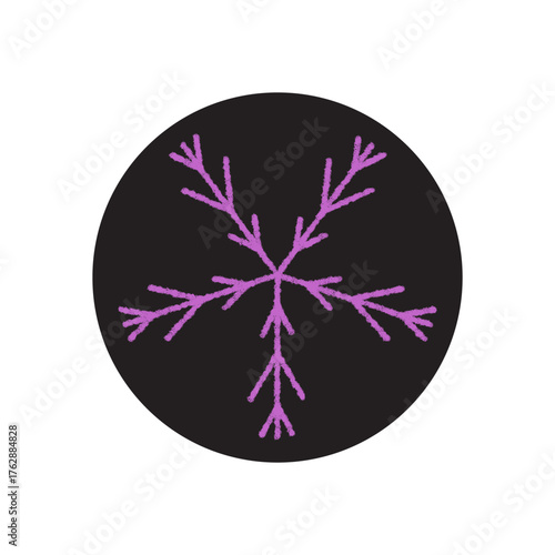 Chalk snow flake icon on round black and purple label for holiday package. Winter ornament and christmas frost symbol with cold accent, perfect as festive label decorative tag.