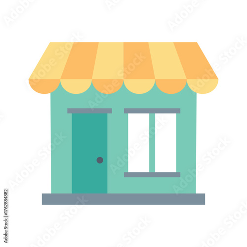 A simple cartoon shop with a yellow and orange striped awning The shop is light green with a door and a twopaned window