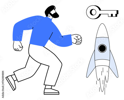 Confident man walking toward a rocket and key, symbolizing progress, innovation, and success. Ideal for themes thumbs up ambition, growth, entrepreneurship, motivation, problem-solving creativity