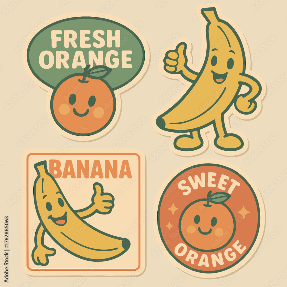Fototapeta premium Fruit stickers with cheerful orange and banana characters for children