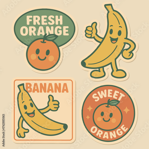 Fruit stickers with cheerful orange and banana characters for children