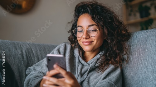 Wallpaper Mural happy 20s young woman watching social media videos looking at smartphone relaxing on couch smiling hispanic girl enjoying using online mobile apps doing online shopping on cell phone at home no logos Torontodigital.ca