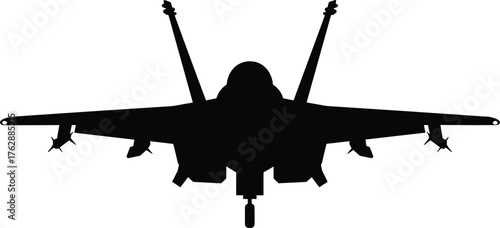 Military fighter jet front view silhouette, modern warplane vector illustration, aircraft aviation design, combat air force technology concept illustration