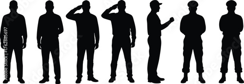 Silhouette of soldiers standing and saluting, military men in uniform, army teamwork, respect, patriotism, discipline, defense, vector illustration