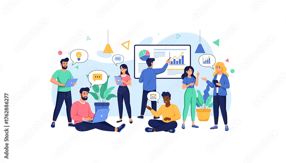 Fototapeta premium Dynamic business team collaboration concept, illustrating diverse professionals analyzing data, strategizing, and sharing innovative ideas in a modern flat design office environment