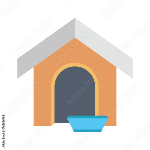 An orange doghouse with a gray roof and a blue bowl The door is dark blue framed with tan