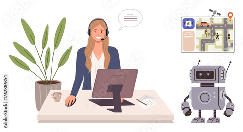 Woman with headset at desk interacting with AI tool, robot assistant, road navigation map. Ideal for customer service, AI, robotics, tech support, innovation, teamwork automation simple flat