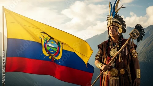 Proud indigenous man in traditional attire and feathered headdress holding a ceremonial staff, standing beside the vibrant Ecuadorian flag with majestic mountains in the background