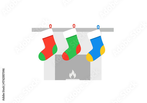 A fireplace mantel displays three Christmas stockings red green and blue