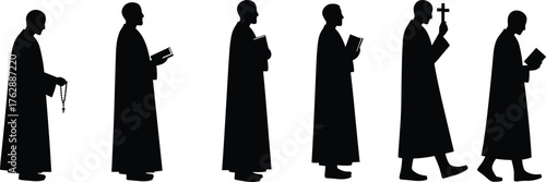 Priest silhouette vector illustration, holy man holding bible and cross, faith worship concept, Christian prayer design, spirituality and religion artwork