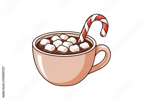 A mug filled with hot chocolate and marshmallows adorned with a candy cane
