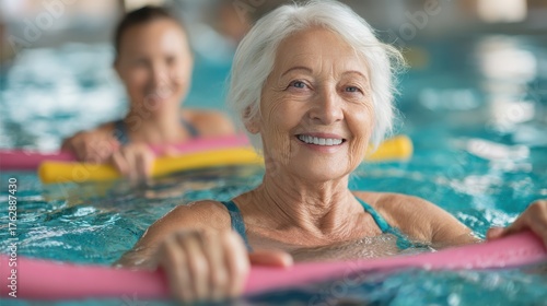 smiling senior woman doing aqua fitness with swim noodles happy mature healthy woman taking fitness classes in aqua aerobics healthy old woman holding swim noodles doing aqua gym with young trainer n