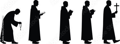 Priest silhouette vector illustration, religious man holding bible and cross, faith worship concept, Christian prayer figure design, spirituality symbol artwork