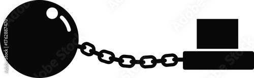 Prison ball and chain vector illustration, black silhouette design, freedom restriction concept, prisoner shackle symbol, justice punishment icon, editable artwork