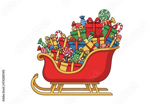 A red sleigh is filled with presents and candy