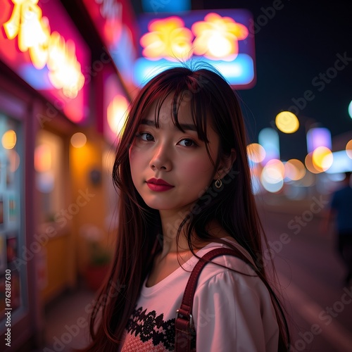 Streetstyle portrait of asian girl in neon lights city night photography urban vibes candid view fashion inspiration