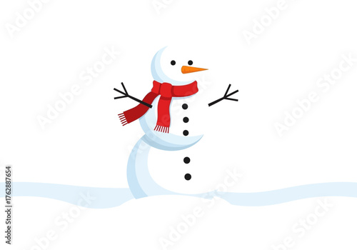 A simple snowman stands in snow complete with scarf carrot nose button eyes stick arms