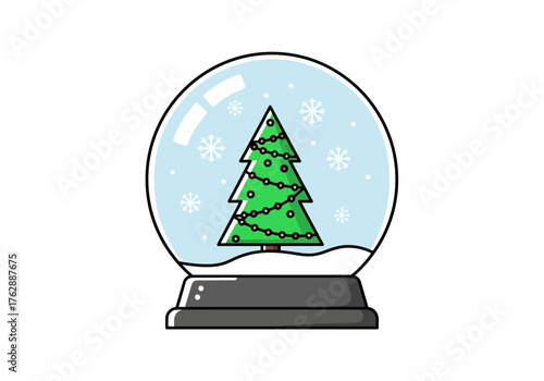 A snow globe containing a Christmas tree with lights and snowflakes