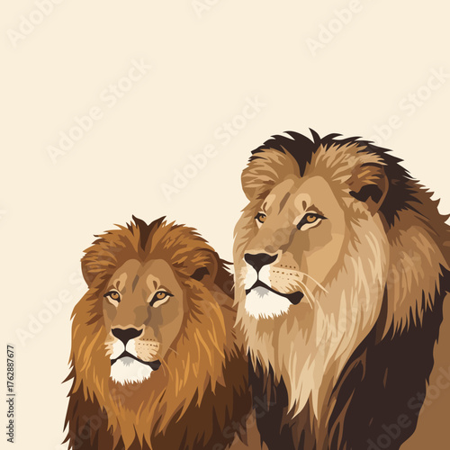 Two majestic lions, powerful and regal, stand side-by-side against a neutral background, embodying strength and wilderness