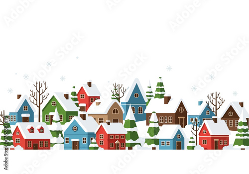 A row of colorful houses and evergreen trees is covered with snow with snowflakes falling from above