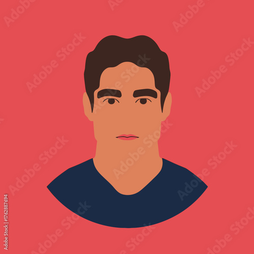 Minimalist illustration of a young man's face with dark hair and a blue shirt, set against a vibrant pink background