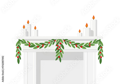 A white mantelpiece holds burning candles and a decorative holly garland