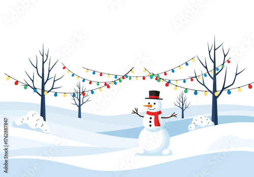 A winter scene with a snowman beneath string lights strung between bare trees