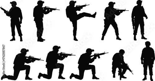 Soldier silhouette vector illustration, military man holding rifle, army combat poses, tactical operation design, defense force concept, editable black silhouette