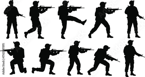 Military soldier silhouette vector illustration, armed man holding rifle in action poses, tactical army combat training concept, defense force design